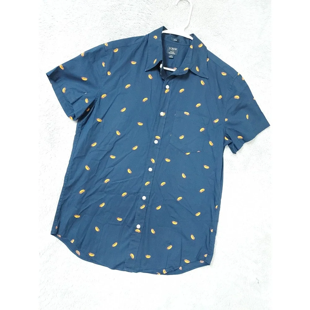 J Crew Shirt Mens Small Slim Flex Washed Hot Dog Print Short Sleeve Blue Novelty